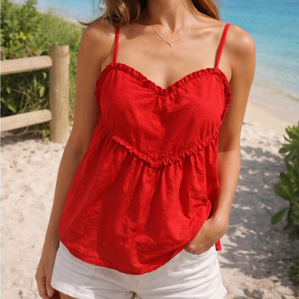 love on a hanger Red Ruffled Sweetheart Spaghetti Strap Babydoll Cotton Tank